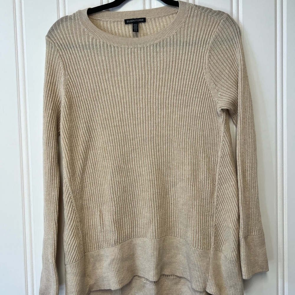Eileen Fisher Women's Tan Crew Neck Sweater Merino Italian Wool M